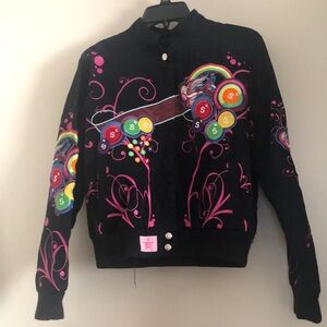 Vintage Skittles JH Design Chase Authentics Black and Pink Bomber Jacket | Small